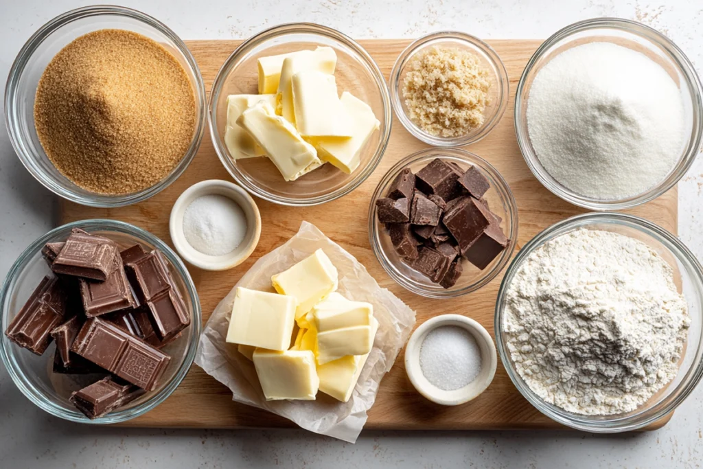 overhead image of gourmet chewy cookies ingredients arranged neatly in bowls
