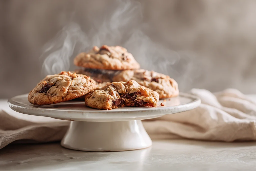 warm gourmet chewy cookies served on a white plate in a modern kitchen