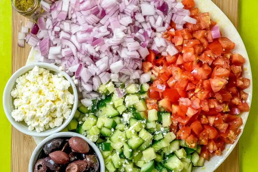 Greek Chicken Bowl chopped cucumber tomatoes red onion feta and kalamata olives