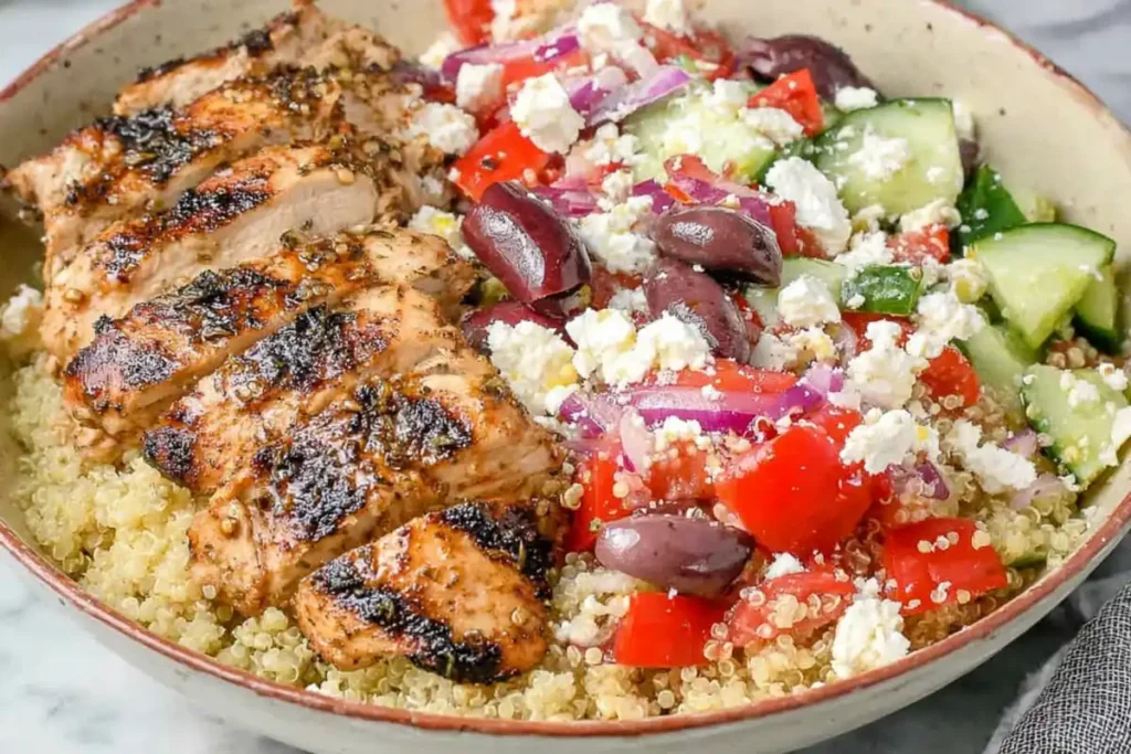 Greek Chicken Bowl close-up with grilled chicken quinoa feta olives and vegetables