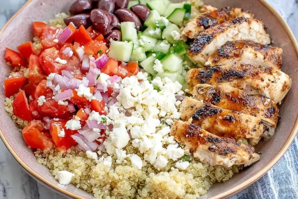 Greek Chicken Bowl finished serving with chicken quinoa vegetables feta and olives