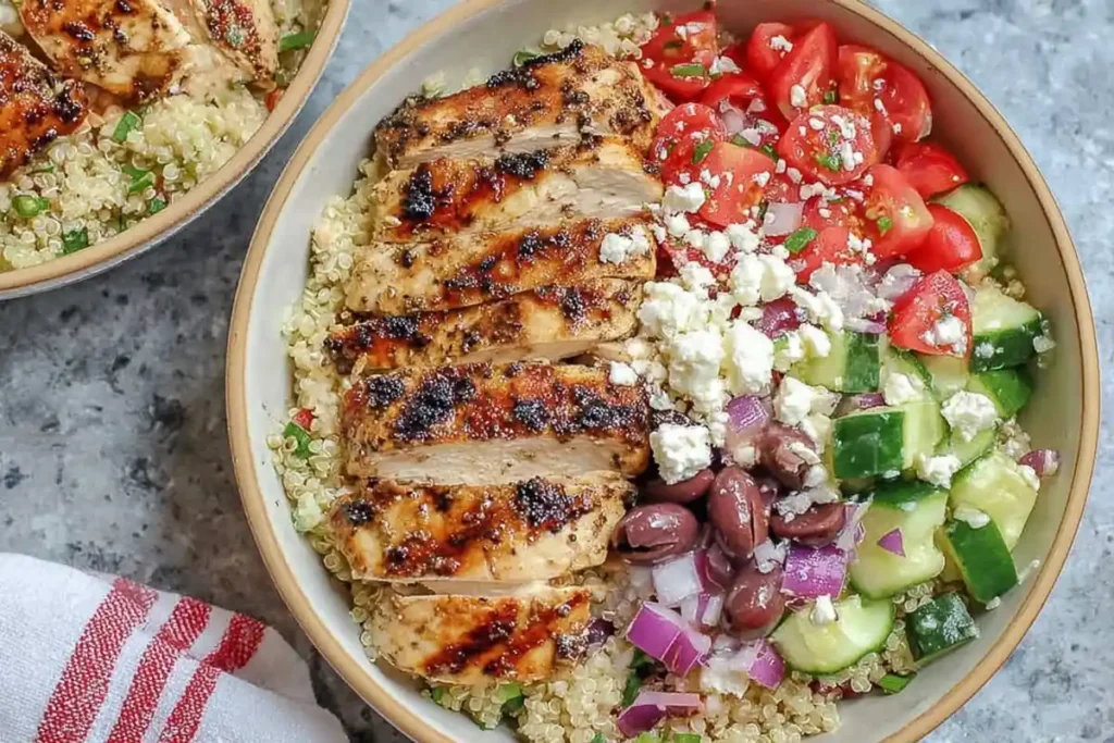 Greek Chicken Bowl with grilled chicken quinoa cucumber tomatoes feta and olives