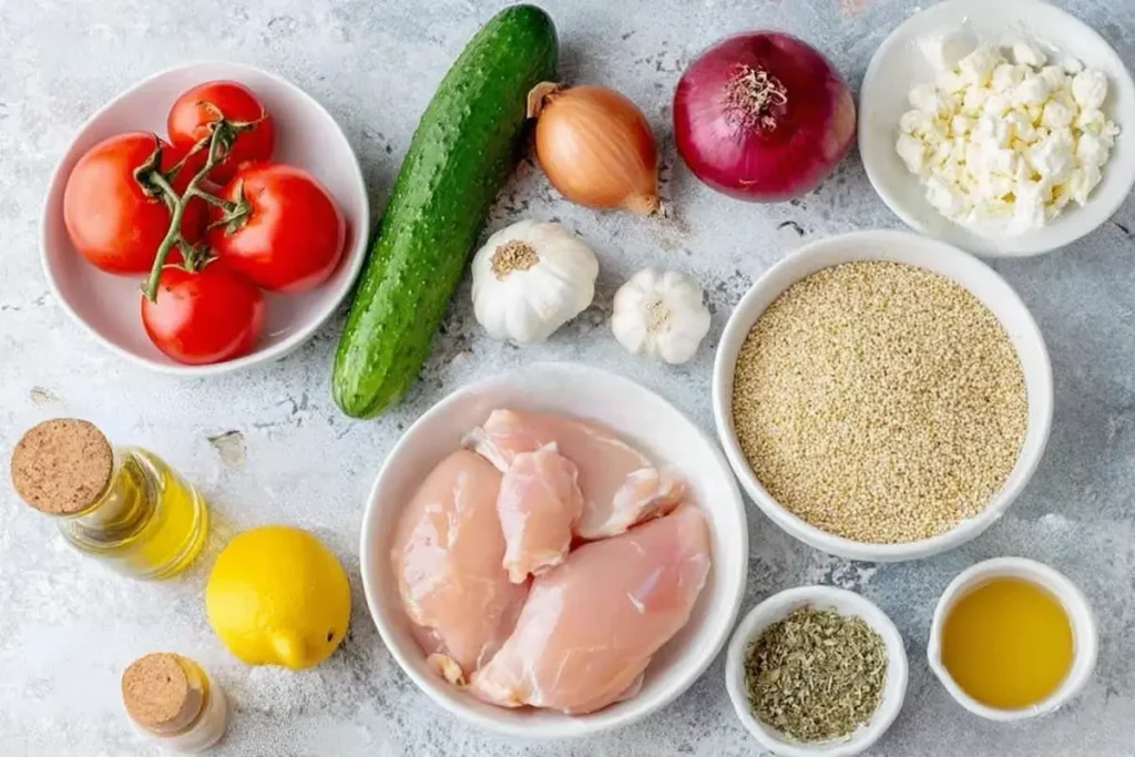 Greek Chicken Bowl ingredients with chicken quinoa lemons feta olives and vegetables
