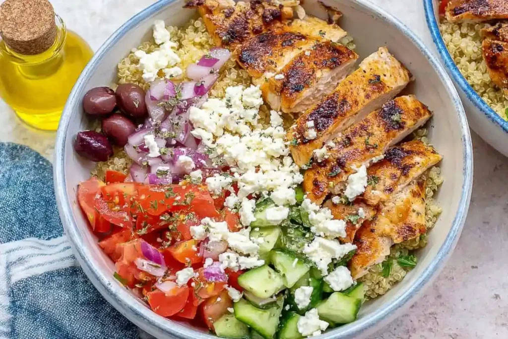 Greek Chicken Bowl with juicy grilled chicken fresh vegetables feta and quinoa