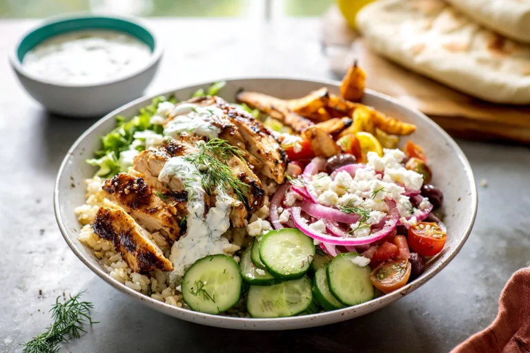 photorealistic Greek Chicken Bowls hero shot in a modern kitchen
