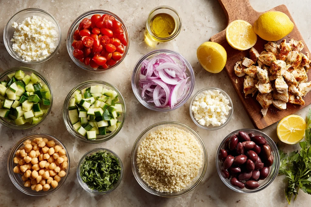 overhead ingredients layout for Greek Chicken Bowls in glass bowls