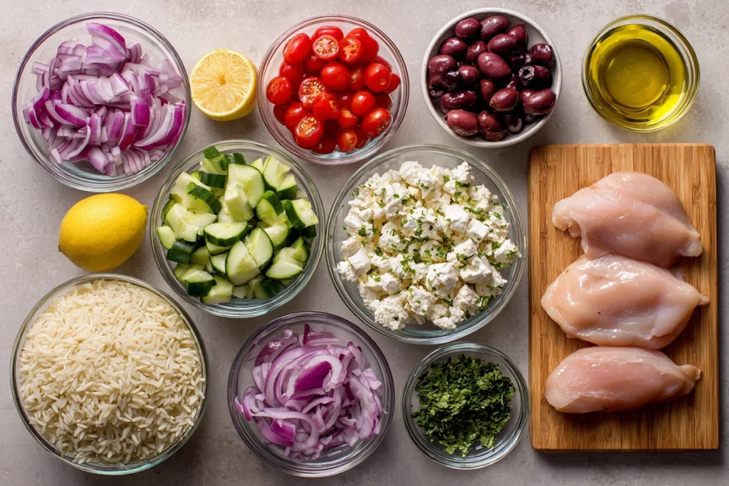 Ingredients for Greek Chicken Bowls arranged neatly on a kitchen counter