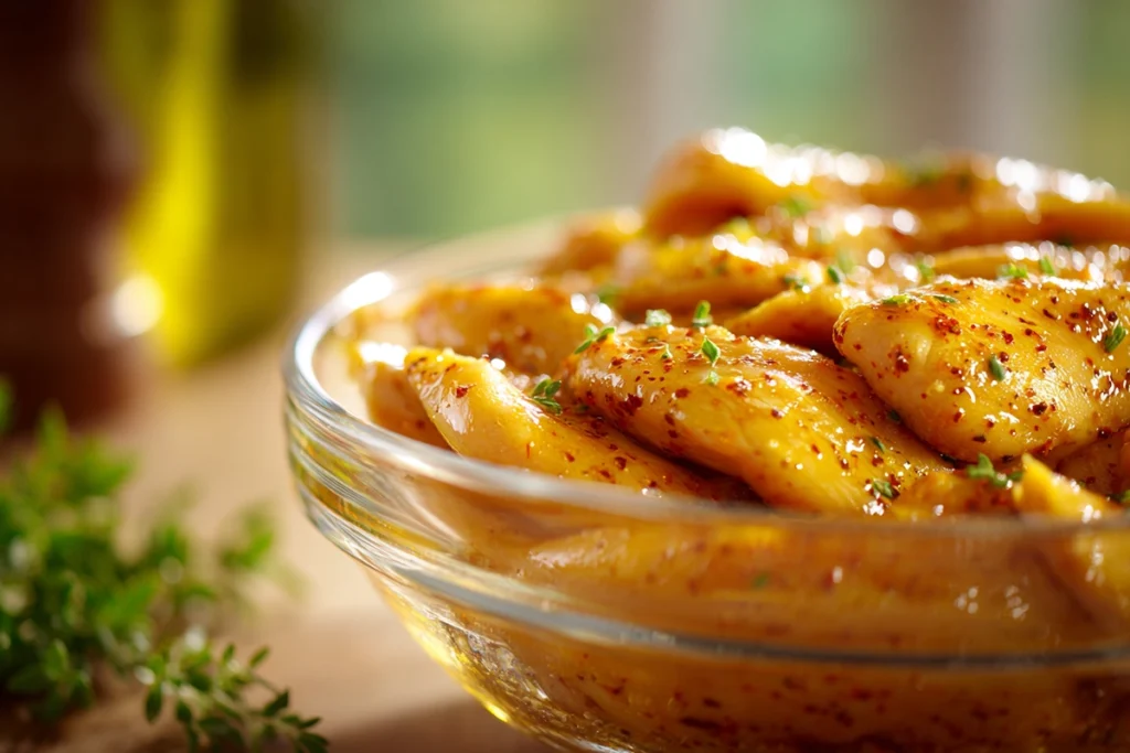 chicken marinating for Greek Chicken Bowls with lemon garlic and oregano