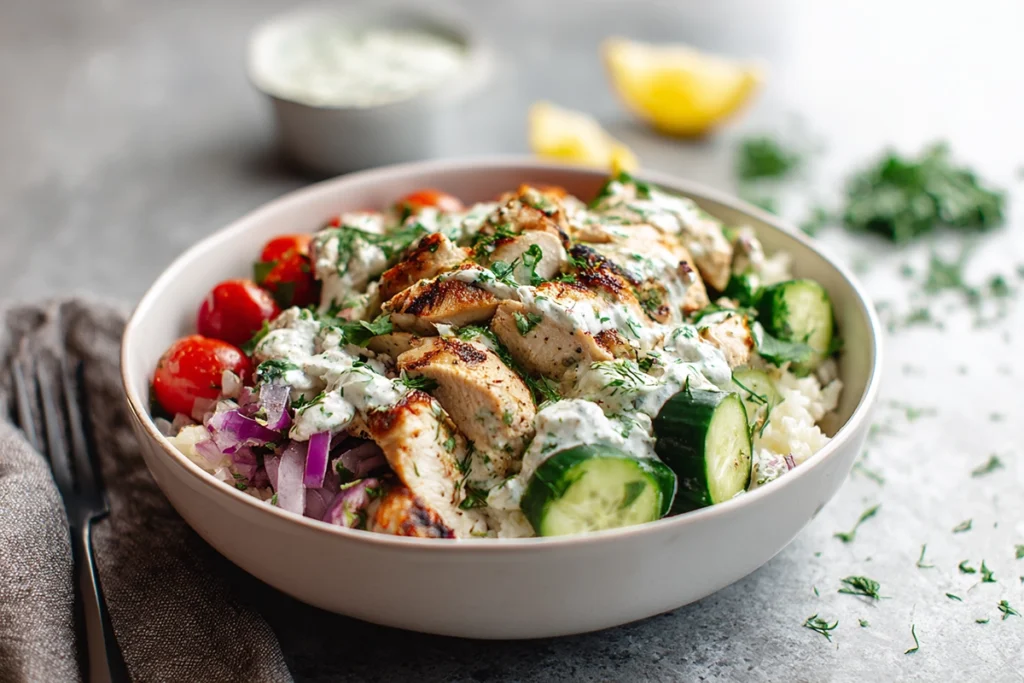 Greek Chicken Bowls ready to serve with fresh Mediterranean flavors