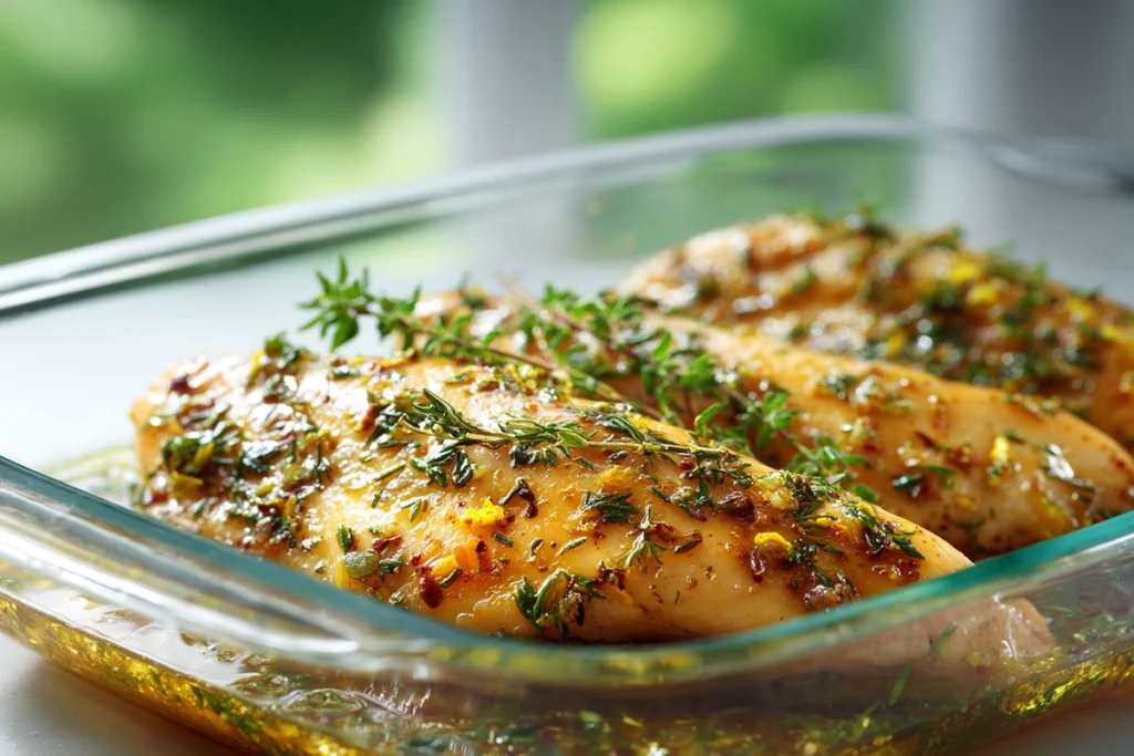 Chicken marinating in lemon herb marinade for Greek chicken bowls
