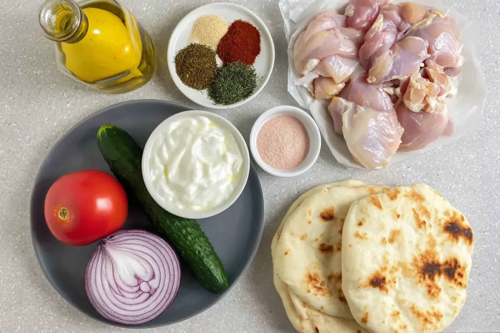 Greek Chicken Gyros ingredients with chicken thighs, pita, yogurt, cucumber, lemon, and spices