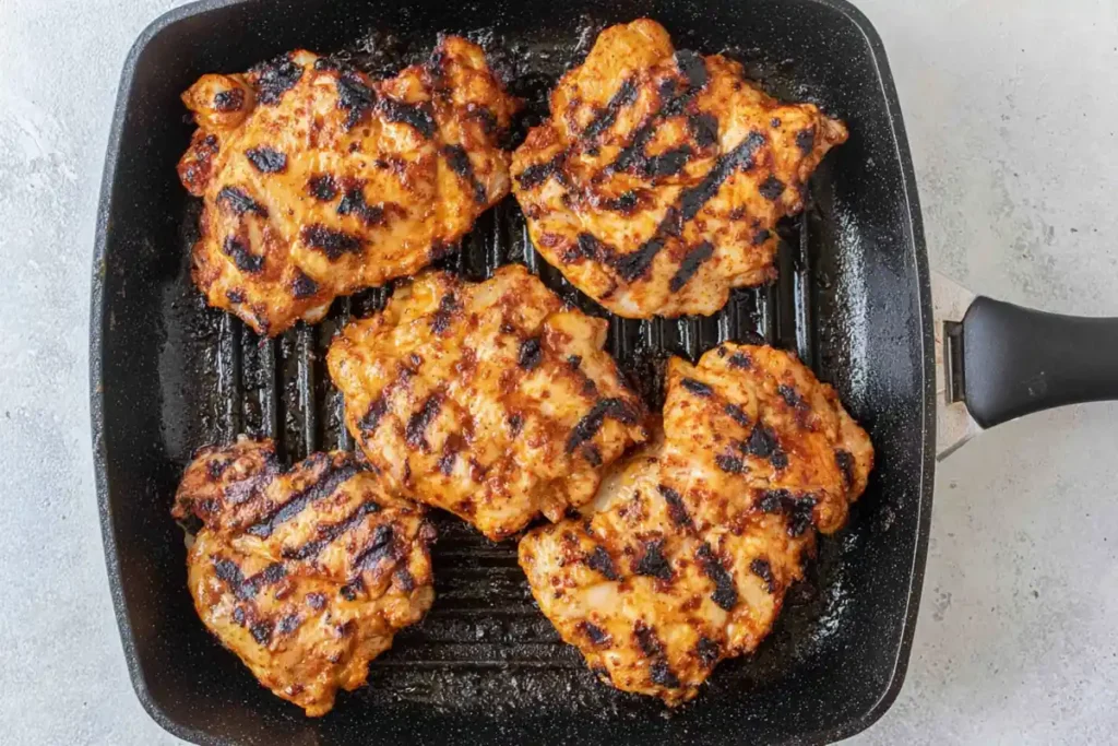 Grilled chicken thighs with char marks for Greek Chicken Gyros