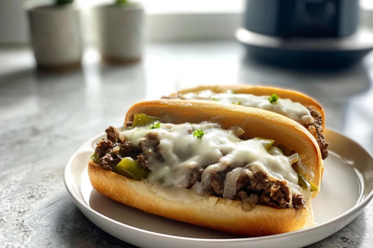 Ground Beef Philly Cheesesteaks served on a toasted hoagie roll