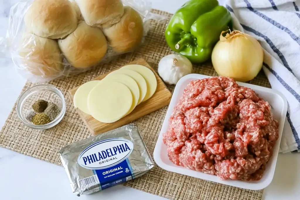 Ground Beef Philly Cheesesteaks: An Easy Weeknight Sandwich Everyone Will Finish 7 Ground Beef Philly Cheesesteaks ingredients with provolone, cream cheese, peppers, and rolls