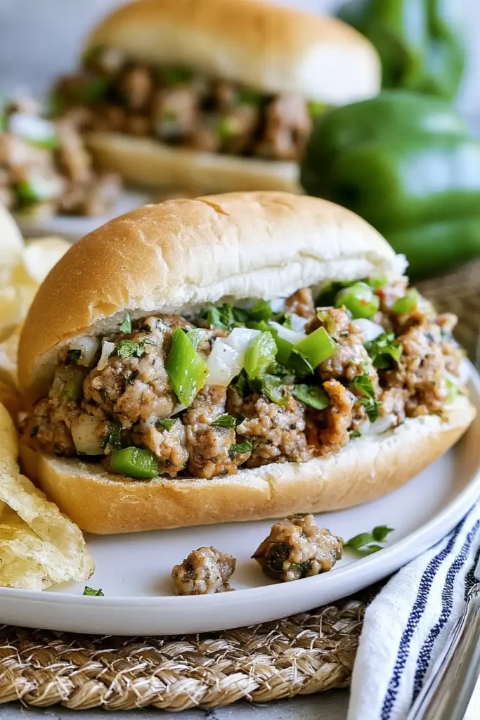 Ground Beef Philly Cheesesteaks: An Easy Weeknight Sandwich Everyone Will Finish 9 Ground Beef Philly Cheesesteaks served with potato chips on a family dinner plate