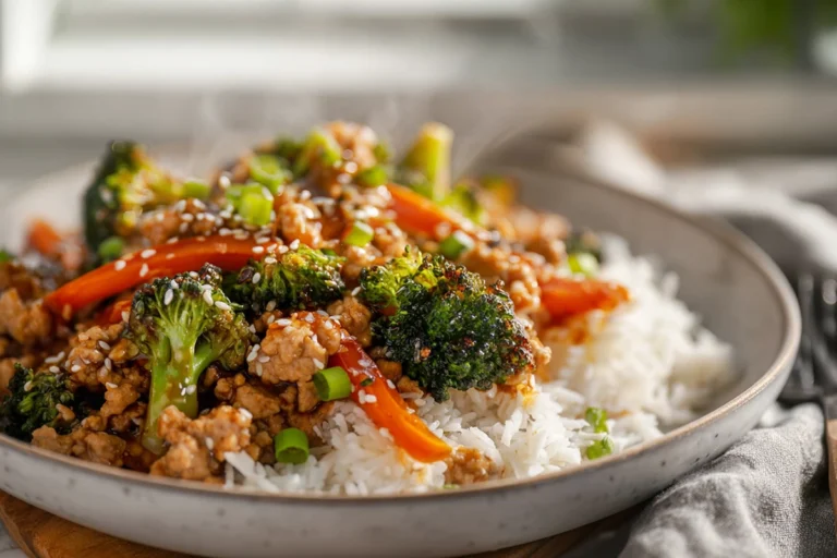 Photorealistic bowl of Ground Turkey Teriyaki Stir Fry on modern kitchen counter