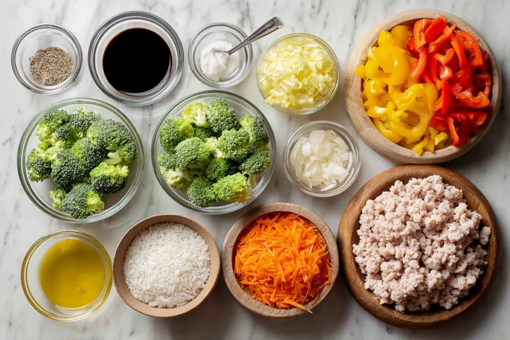 Overhead image of ingredients for Ground Turkey Teriyaki Stir Fry arranged neatly