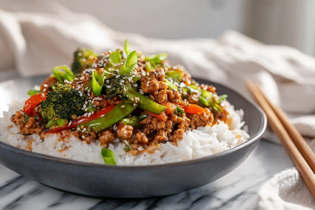 Bowl of Ground Turkey Teriyaki Stir Fry served over rice in modern kitchen