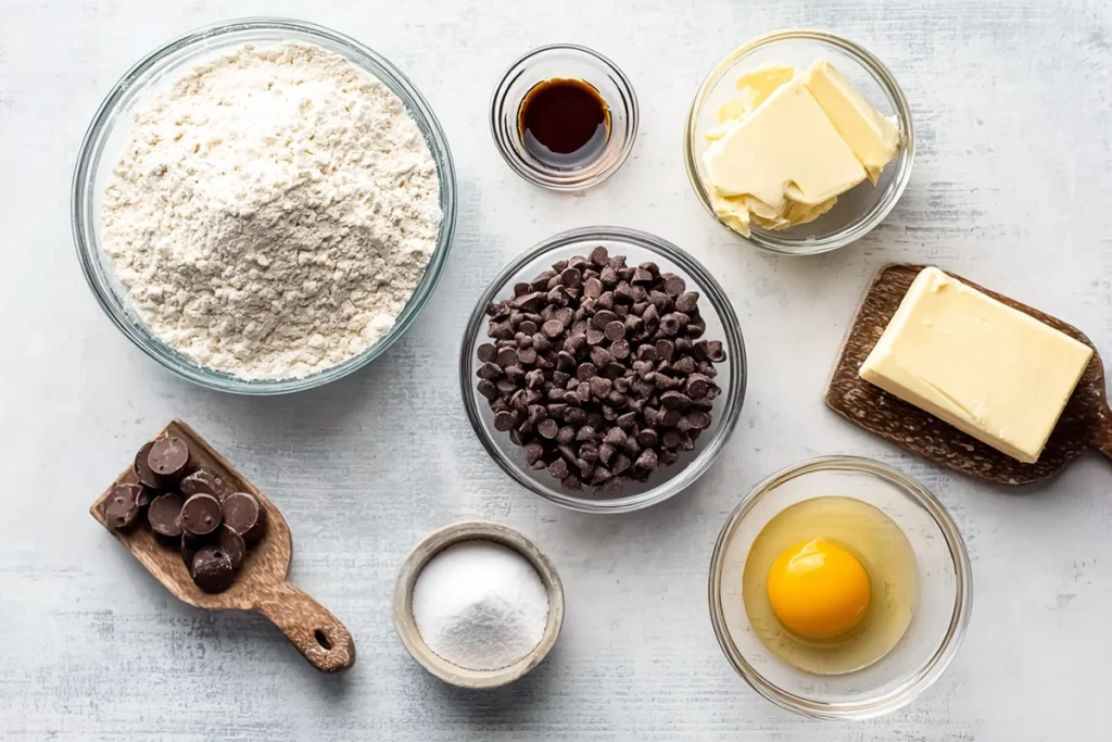 overhead view of ingredients for half batch chocolate chip cookies arranged neatly in glass bowls