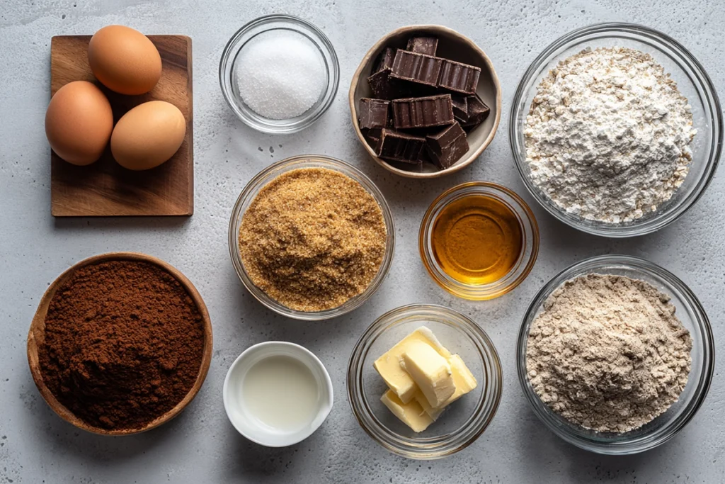 Overhead photo of ingredients for healthy chocolate chip cookies arranged in bowls