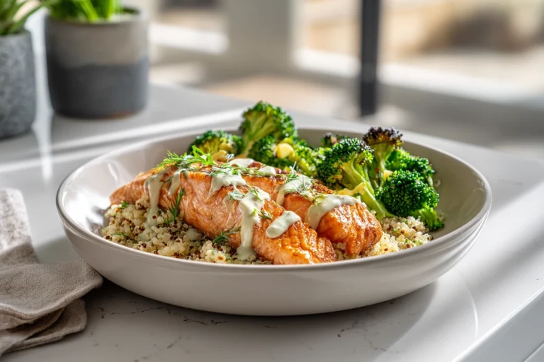 Hero shot of Healthy Dinners for Weight Loss with salmon, quinoa, and broccoli