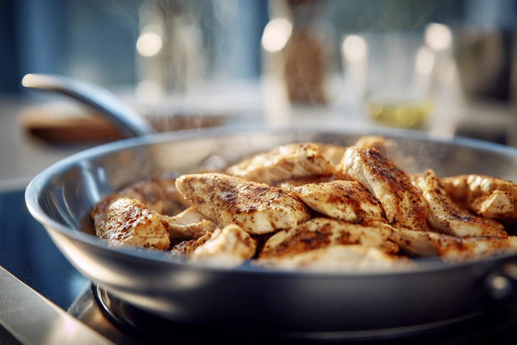 Chicken cooking step for Healthy Tuscan Chicken Pasta in a stainless steel pan