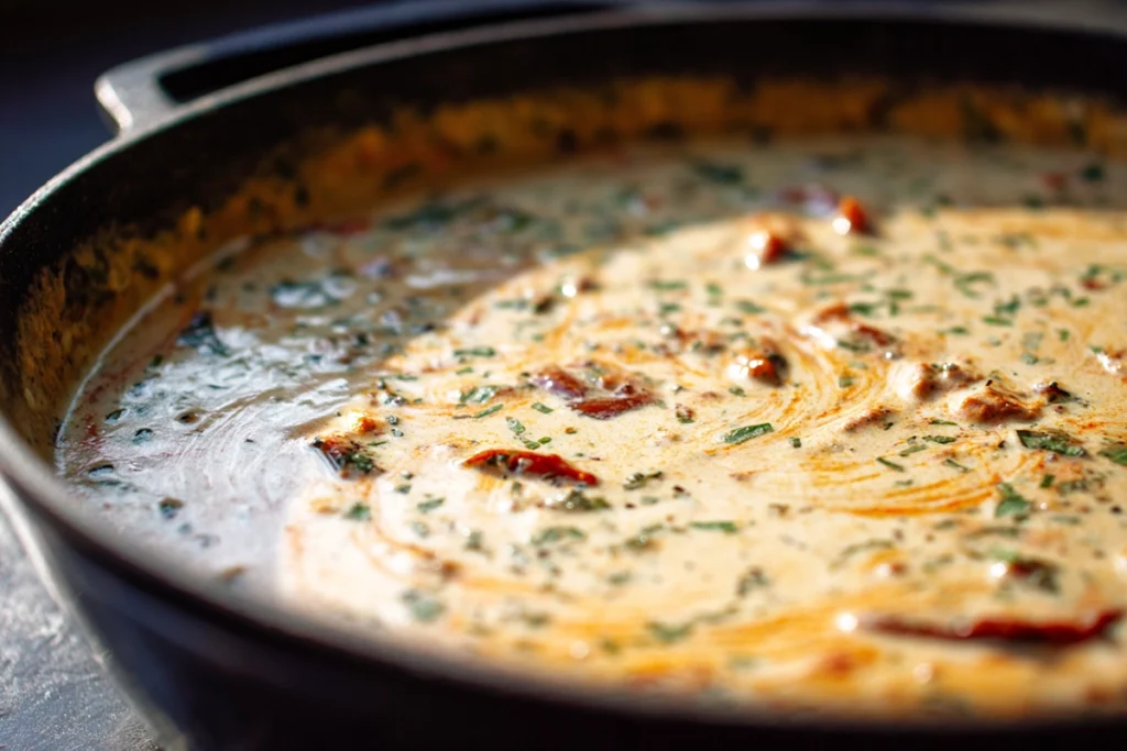 Creamy sauce being made for Healthy Tuscan Chicken Pasta with tomatoes and herbs