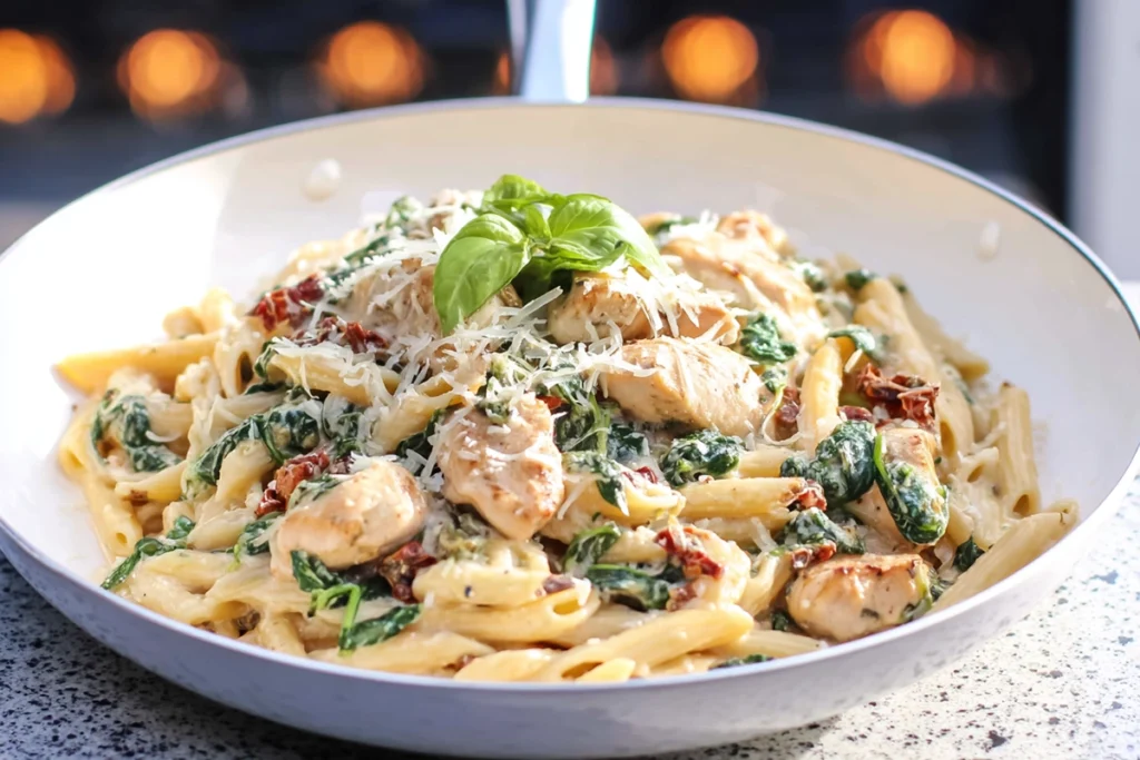 Healthy Tuscan Chicken Pasta photorealistic hero image with creamy sauce