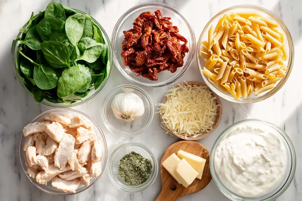 Ingredients for Healthy Tuscan Chicken Pasta arranged neatly for overhead photo