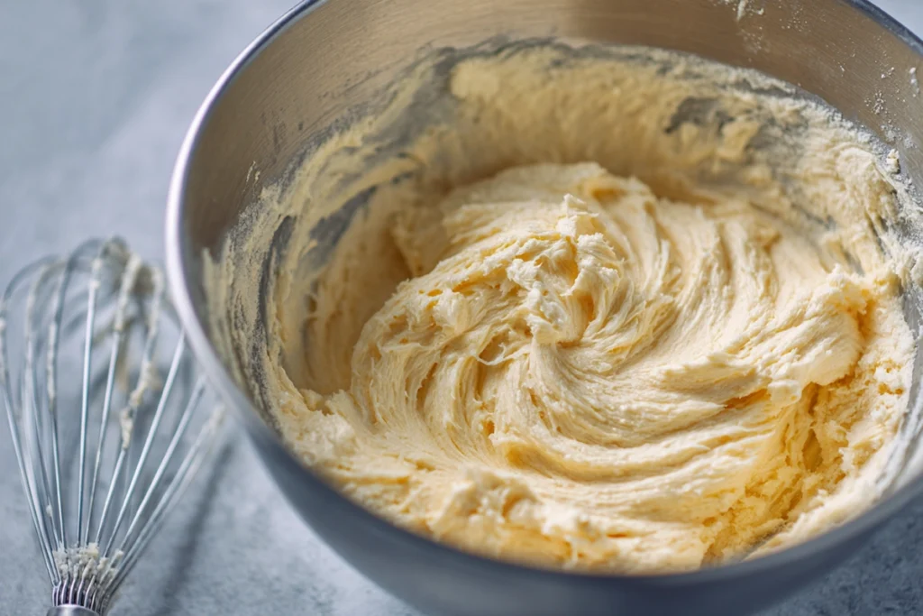 Creaming butter and sugars for heart-shaped chocolate chip cookies