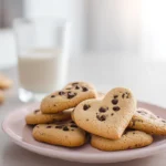 Hero shot of heart-shaped chocolate chip cookies on a modern kitchen counter