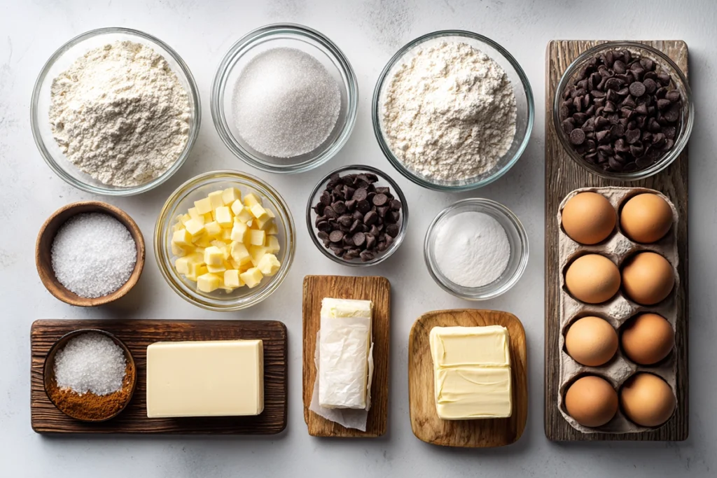 Overhead ingredients layout for heart-shaped chocolate chip cookies