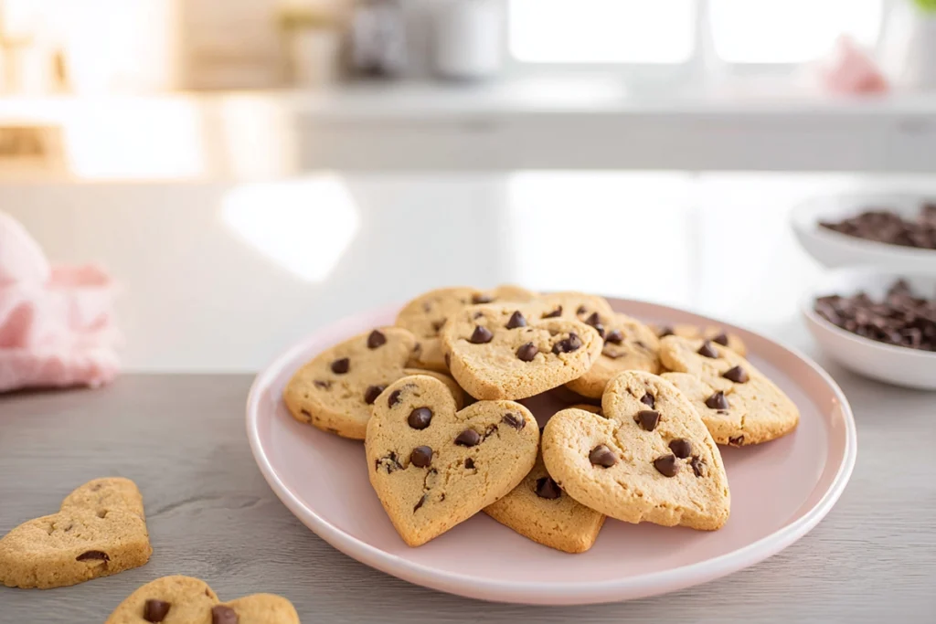 Served heart-shaped chocolate chip cookies with milk in a modern kitchen