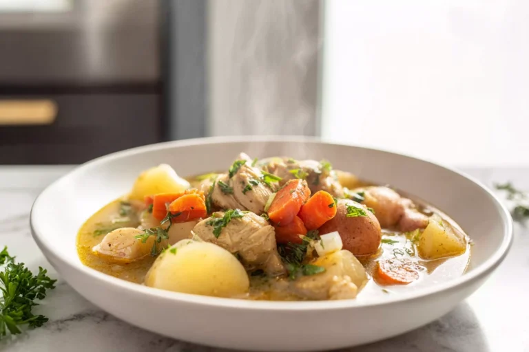 photorealistic chicken stew hero shot in modern kitchen