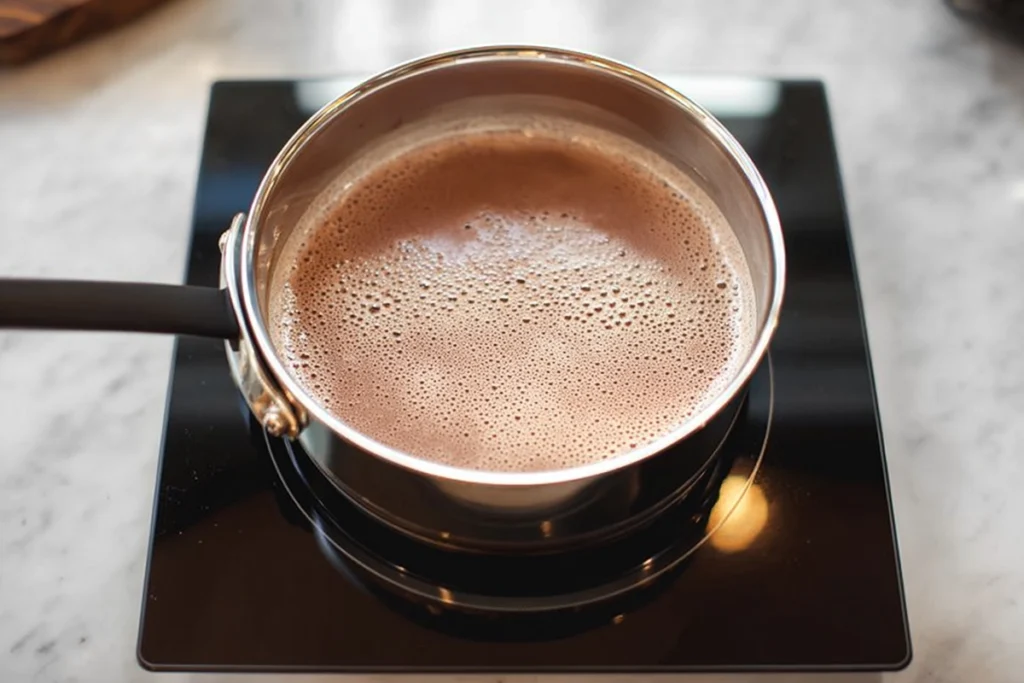 Heating milk and cocoa to make Oreo Hot Chocolate on the stovetop