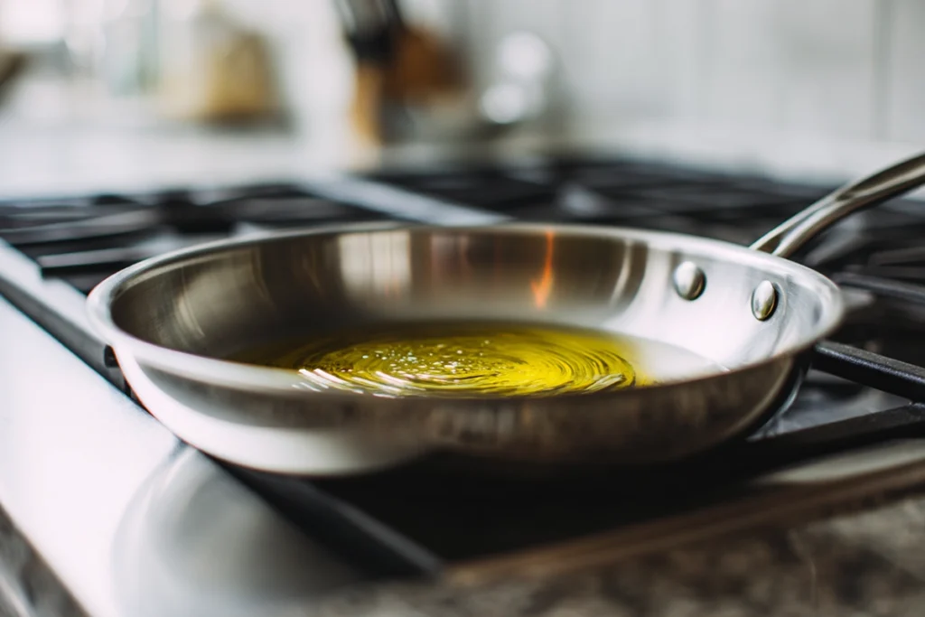 heating olive oil in skillet for sautéed vegetables