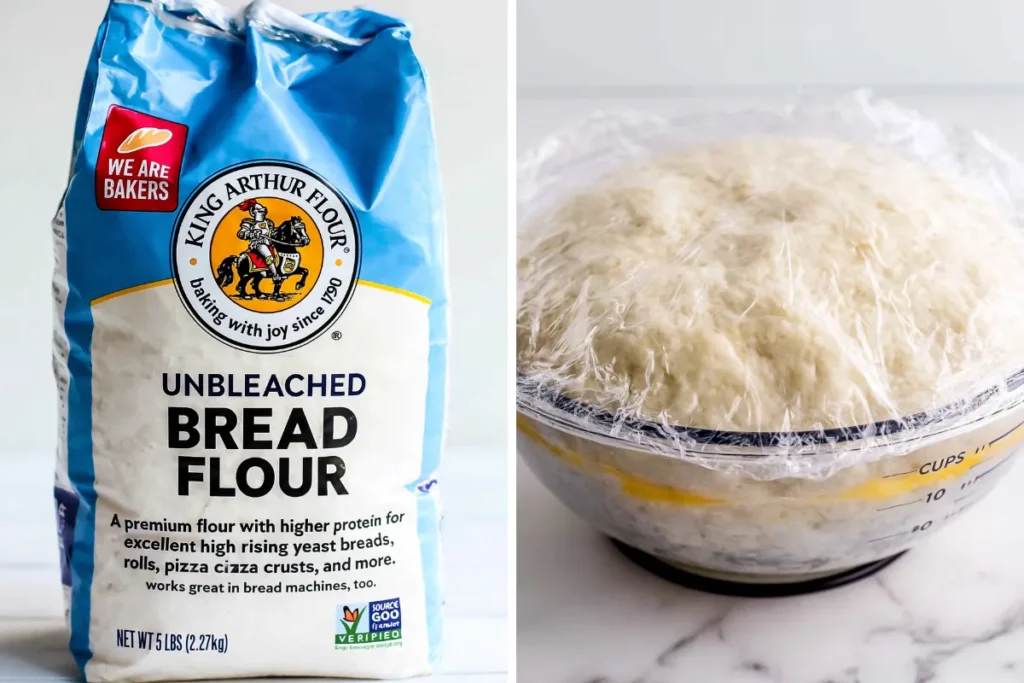 Homemade Bagels dough with bread flour in a glass mixing bowl