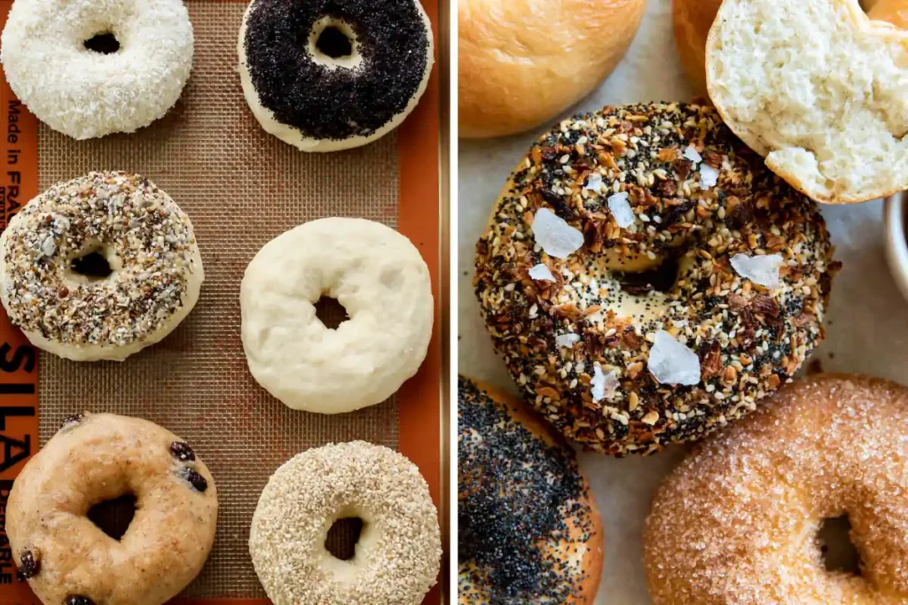 Dark golden Homemade Bagels cooling on parchment-lined baking sheets
