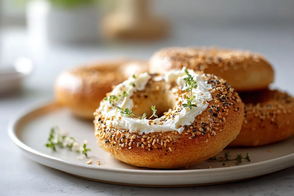 Plated homemade bagel half with cream cheese and fresh herbs in a modern kitchen