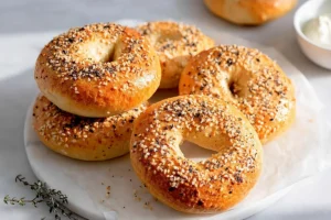 Home 1 Homemade bagels hero shot with glossy sesame seeds and cream cheese in a modern kitchen