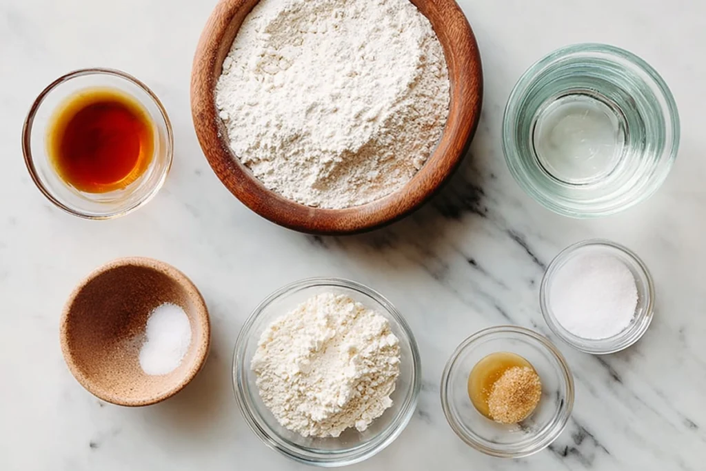 Overhead shot of ingredients for homemade bagels including flour, yeast, water, salt, and syrup