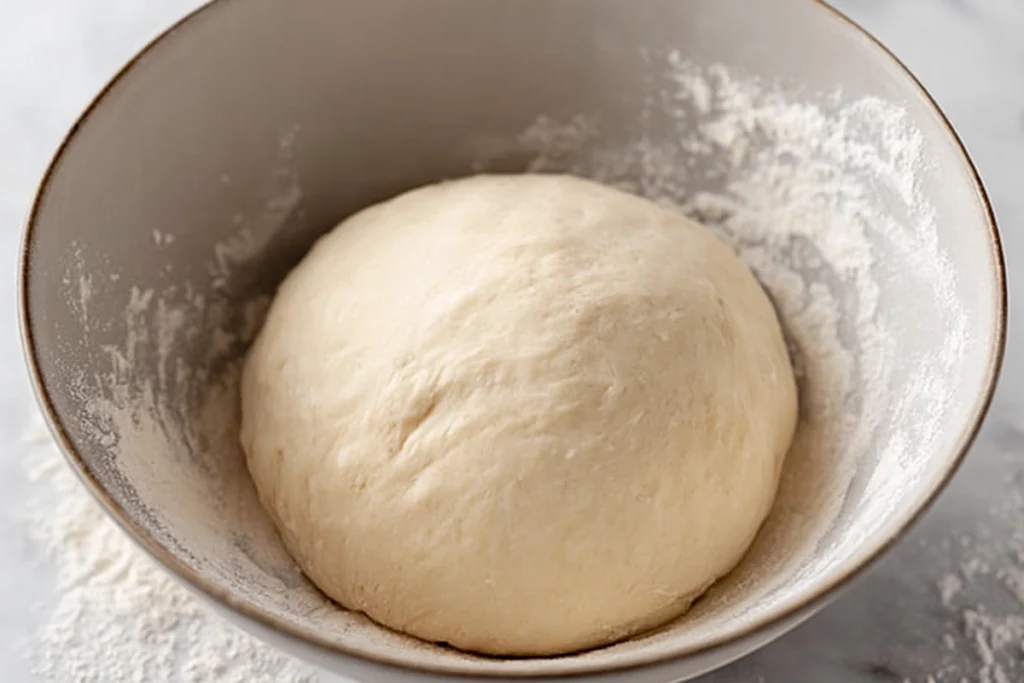 Close-up of mixing and kneading homemade bagel dough on a modern kitchen counter