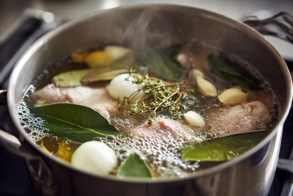 Homemade Chicken Soup broth simmering with chicken, herbs, and vegetables