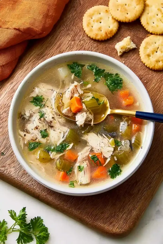 Homemade Chicken Soup with Tender Chicken and Vegetables 8 Finished homemade chicken soup with tender chicken, carrots, celery, and onion in golden broth