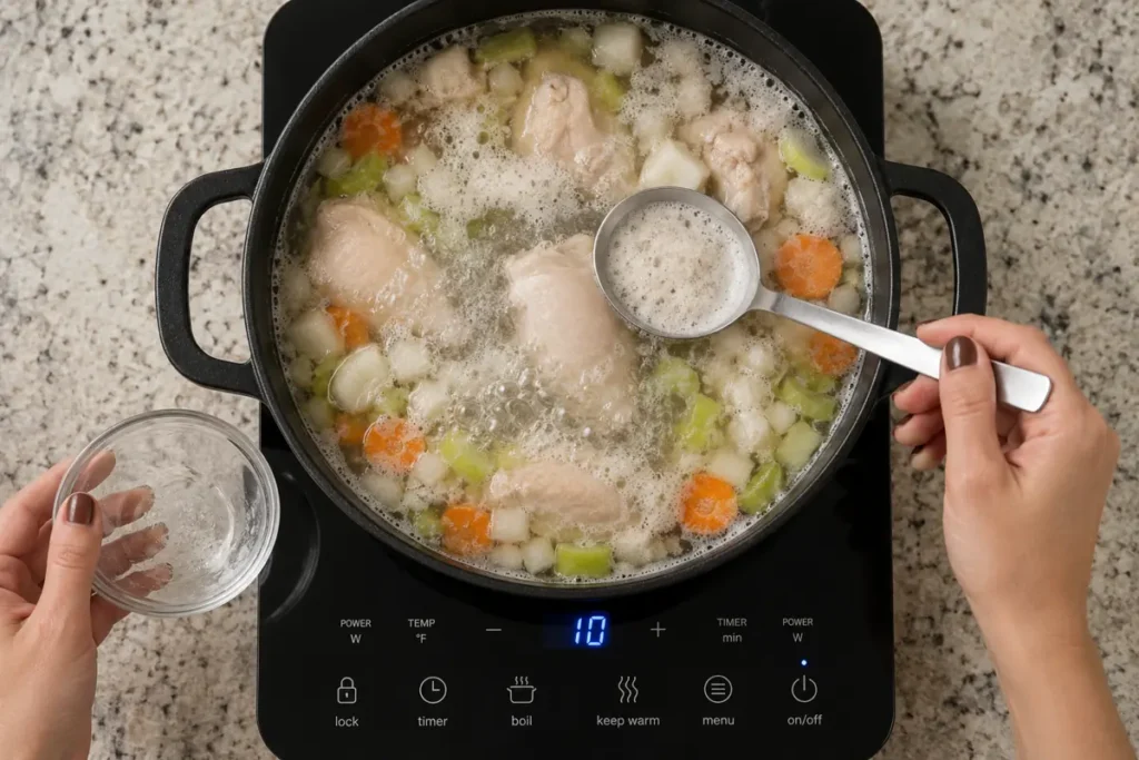 Homemade Chicken Soup with Tender Chicken and Vegetables 3 Homemade chicken soup simmering with whole chicken, carrots, celery, and onion