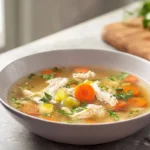 Homemade Chicken Soup served hot with chicken, carrots, celery, and herbs