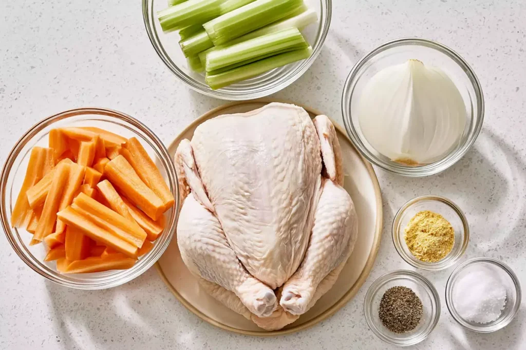 Homemade Chicken Soup with Tender Chicken and Vegetables 2 Mohamed Ayad's Homemade Chicken Soup Recipe with whole chicken, carrots, celery, onion, and seasonings
