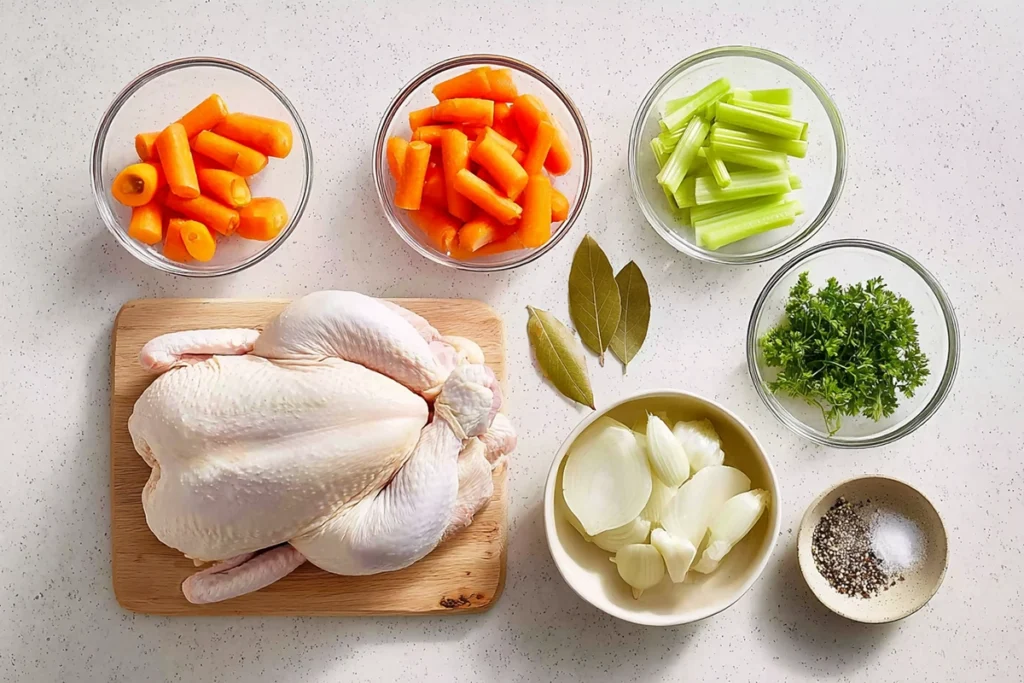 Ingredients for Homemade Chicken Soup including chicken, carrots, celery, onion, and herbs
