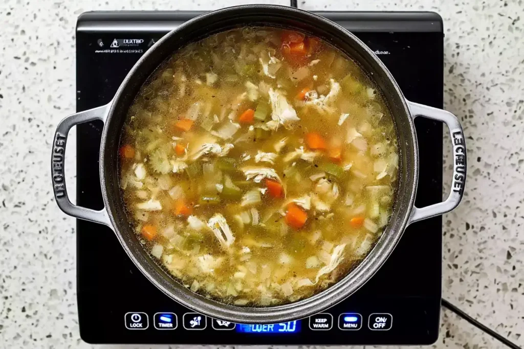 Homemade Chicken Soup with Tender Chicken and Vegetables 5 Homemade chicken soup with chopped chicken and vegetables returned to golden stock