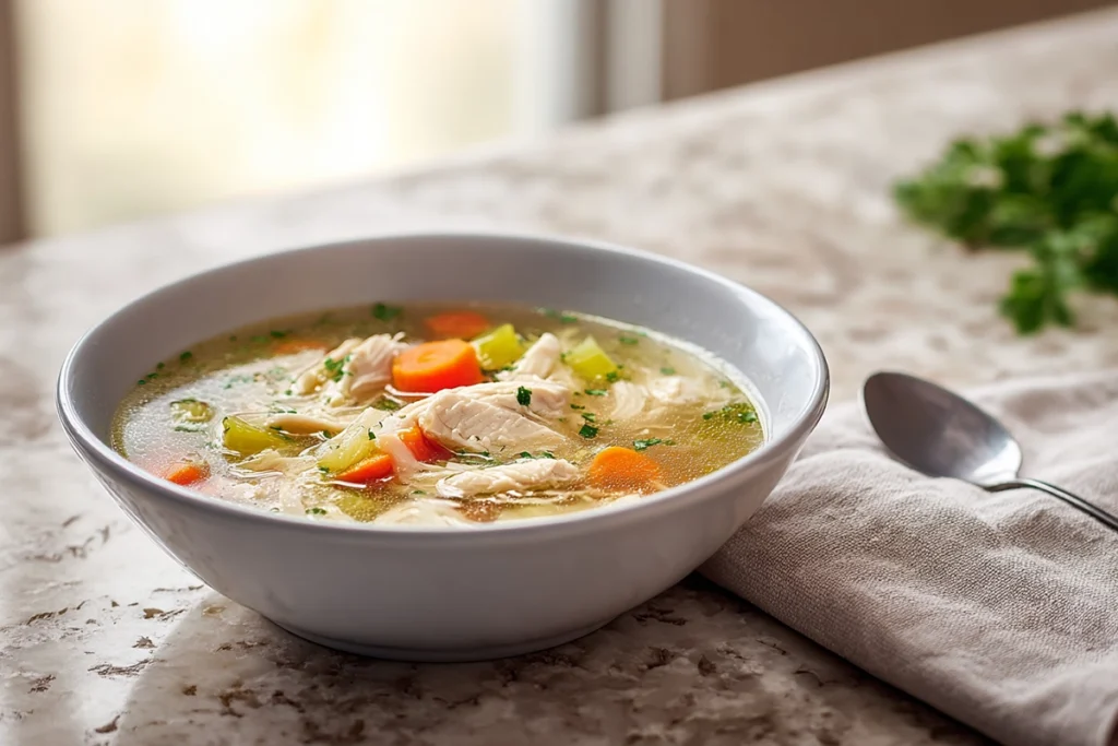 Homemade Chicken Soup ready to serve in a modern kitchen